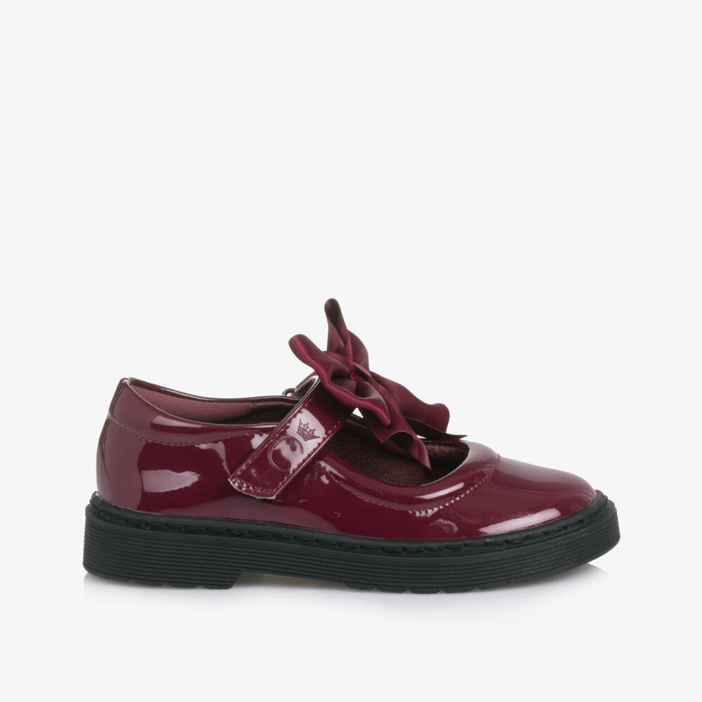 Caramelo Kids-Girls Burgundy Red Patent Velcro Shoes with Bow | Childrensalon Outlet