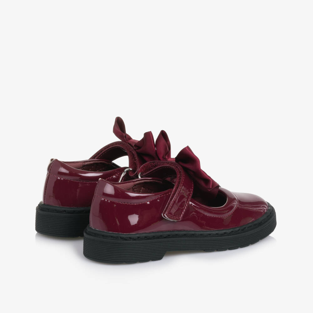 Caramelo Kids-Girls Burgundy Red Patent Velcro Shoes with Bow | Childrensalon Outlet