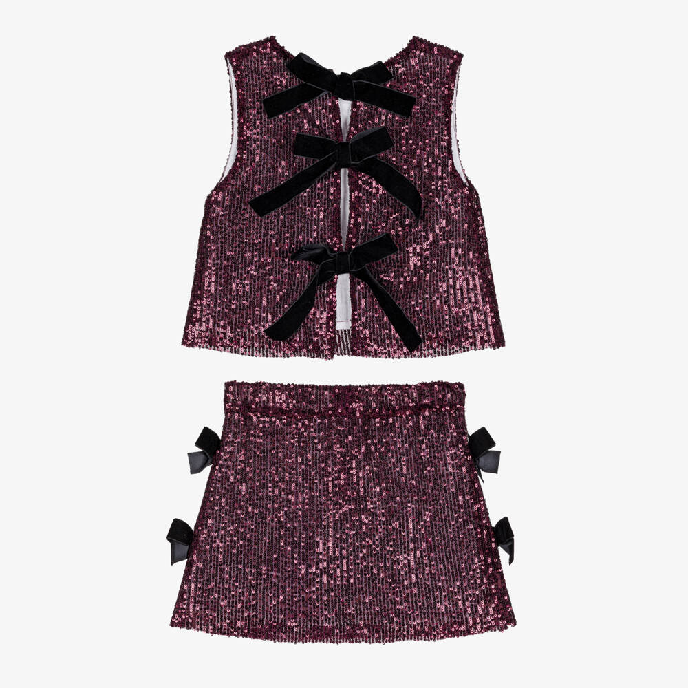 Phi Clothing-Girls Burgundy Red Sequinned Tulle & Velvet Bow Skirt Set | Childrensalon Outlet