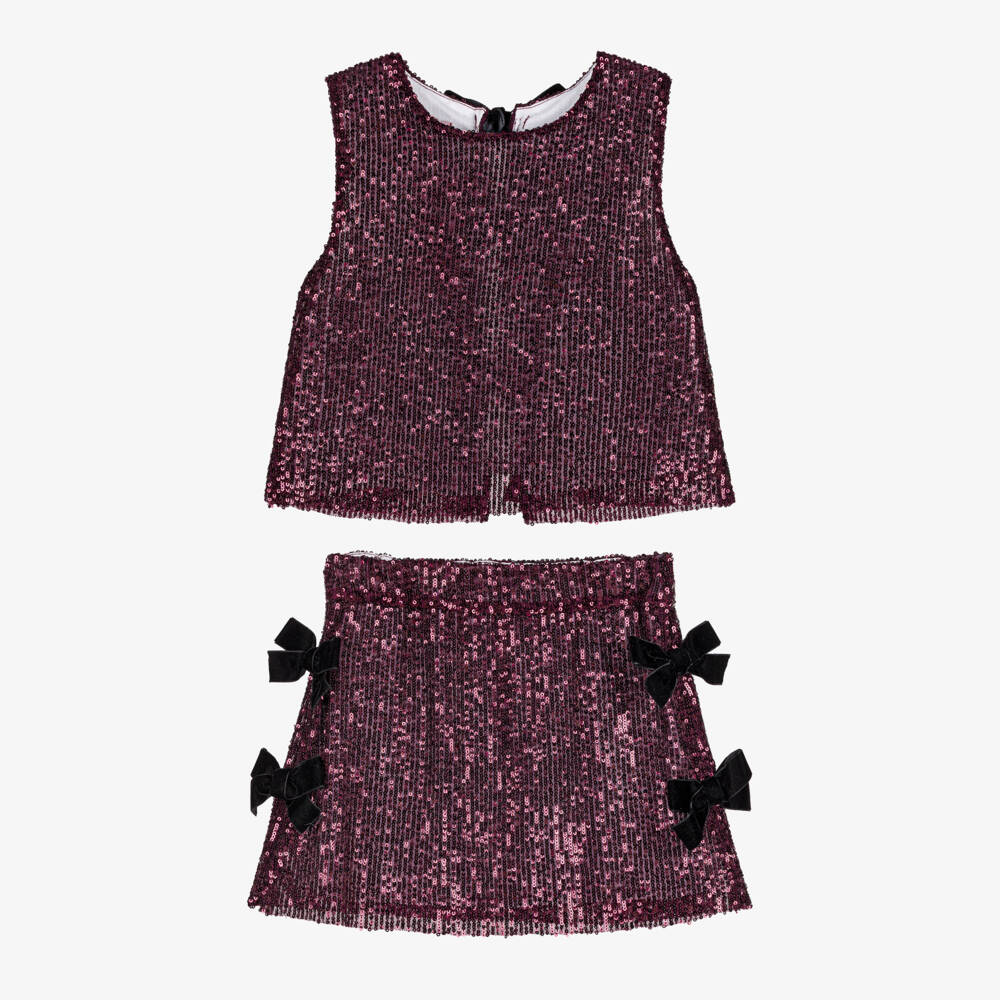 Phi Clothing-Girls Burgundy Red Sequinned Tulle & Velvet Bow Skirt Set | Childrensalon Outlet
