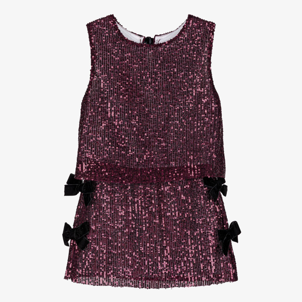 Phi Clothing-Girls Burgundy Red Sequinned Tulle & Velvet Bow Skirt Set | Childrensalon Outlet