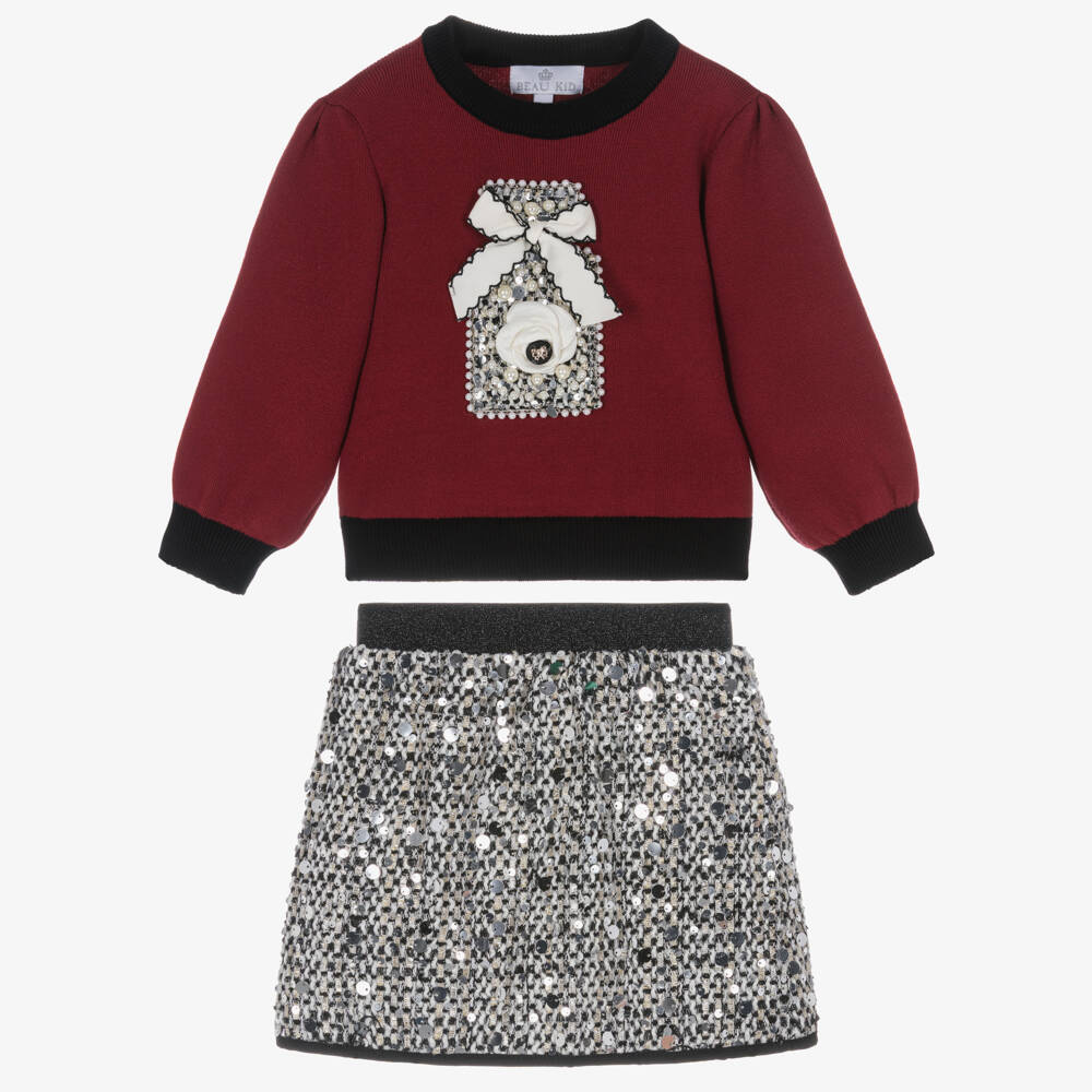 Beau KiD-Girls Burgundy Red Sequinned Tweed Skirt Set | Childrensalon Outlet