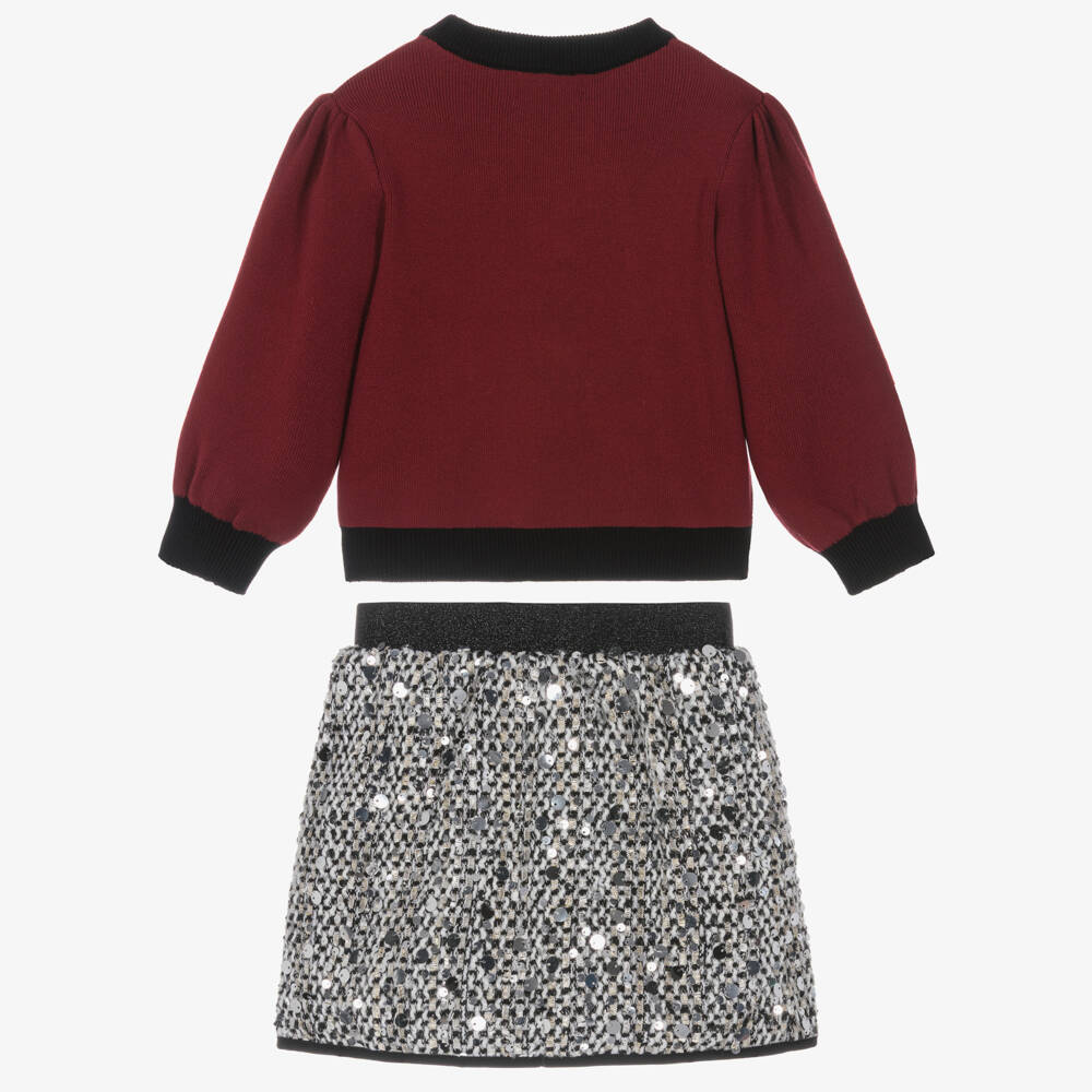 Beau KiD-Girls Burgundy Red Sequinned Tweed Skirt Set | Childrensalon Outlet