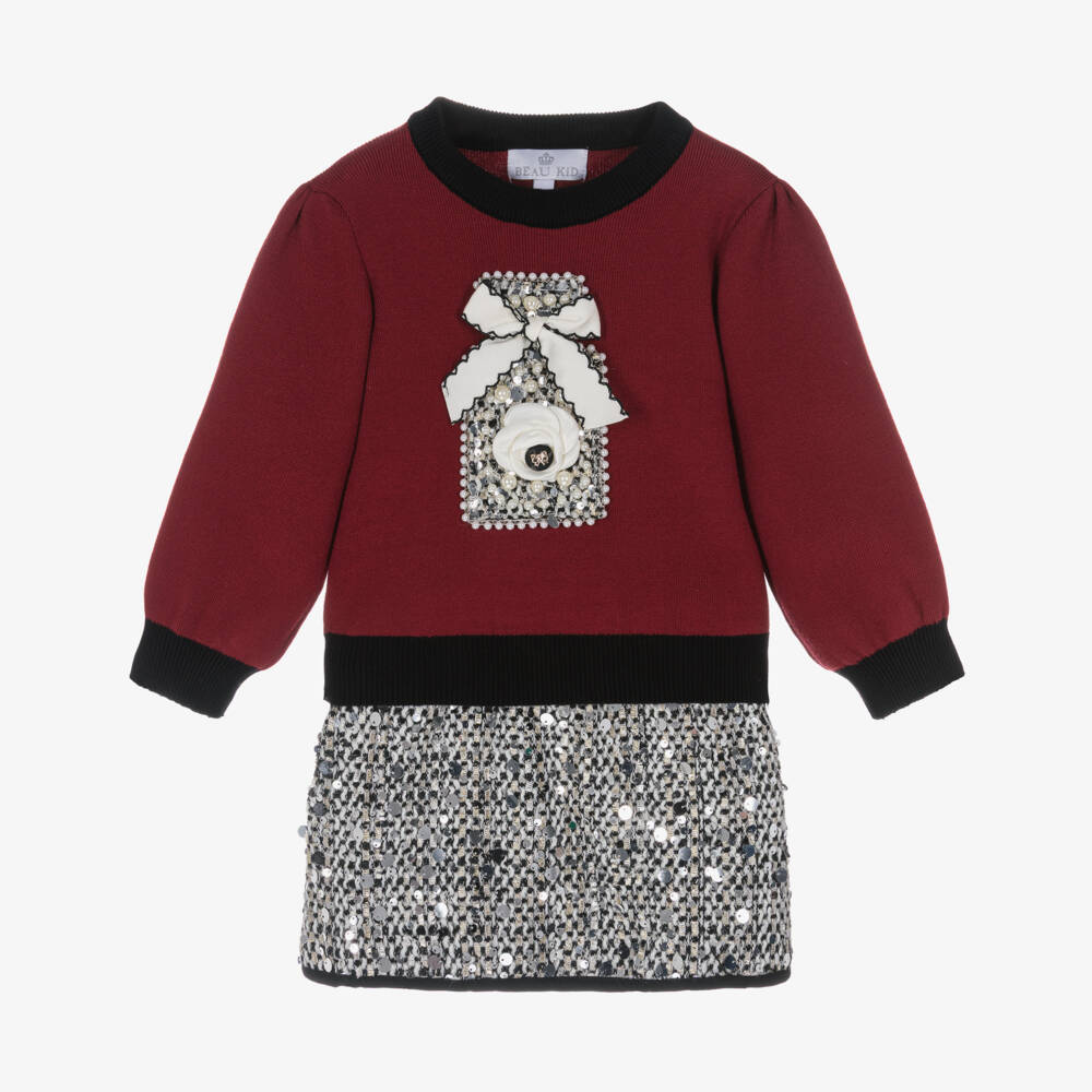Beau KiD-Girls Burgundy Red Sequinned Tweed Skirt Set | Childrensalon Outlet