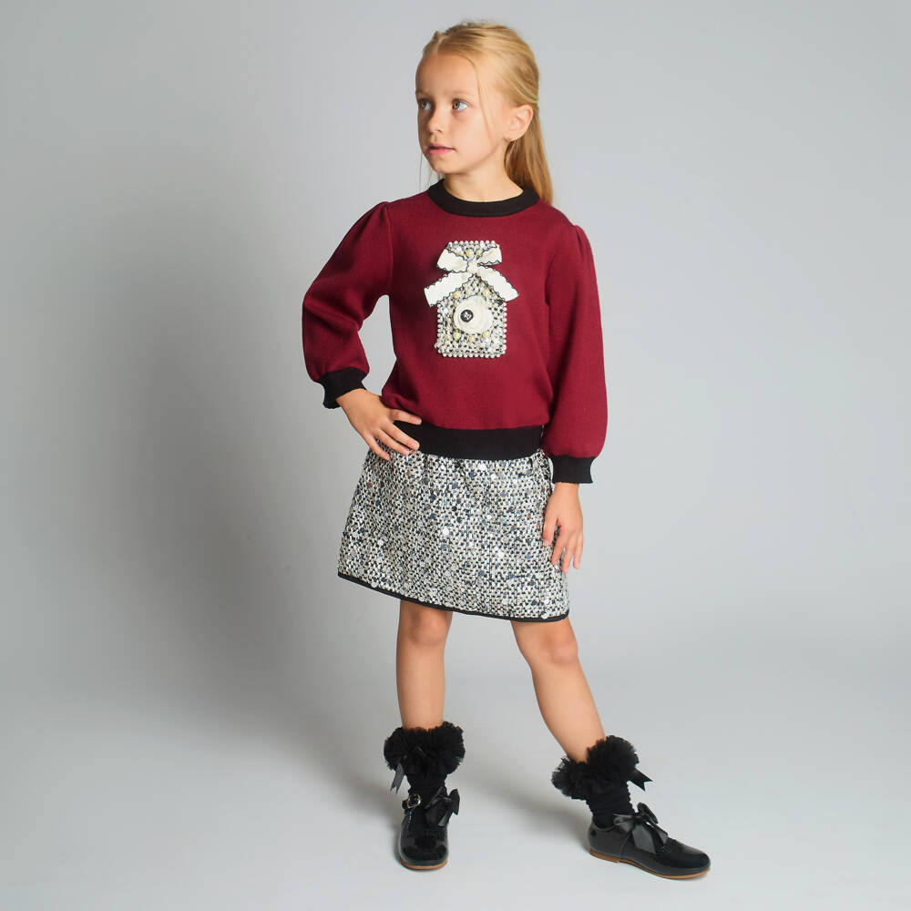 Beau KiD-Girls Burgundy Red Sequinned Tweed Skirt Set | Childrensalon Outlet