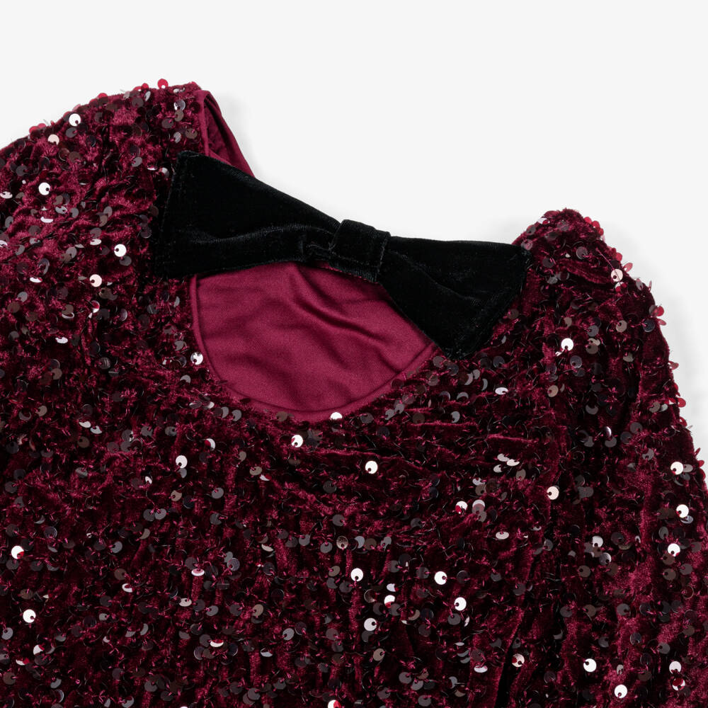 NAME IT-Girls Burgundy Red Sequinned Velour Dress with Black Bow | Childrensalon Outlet