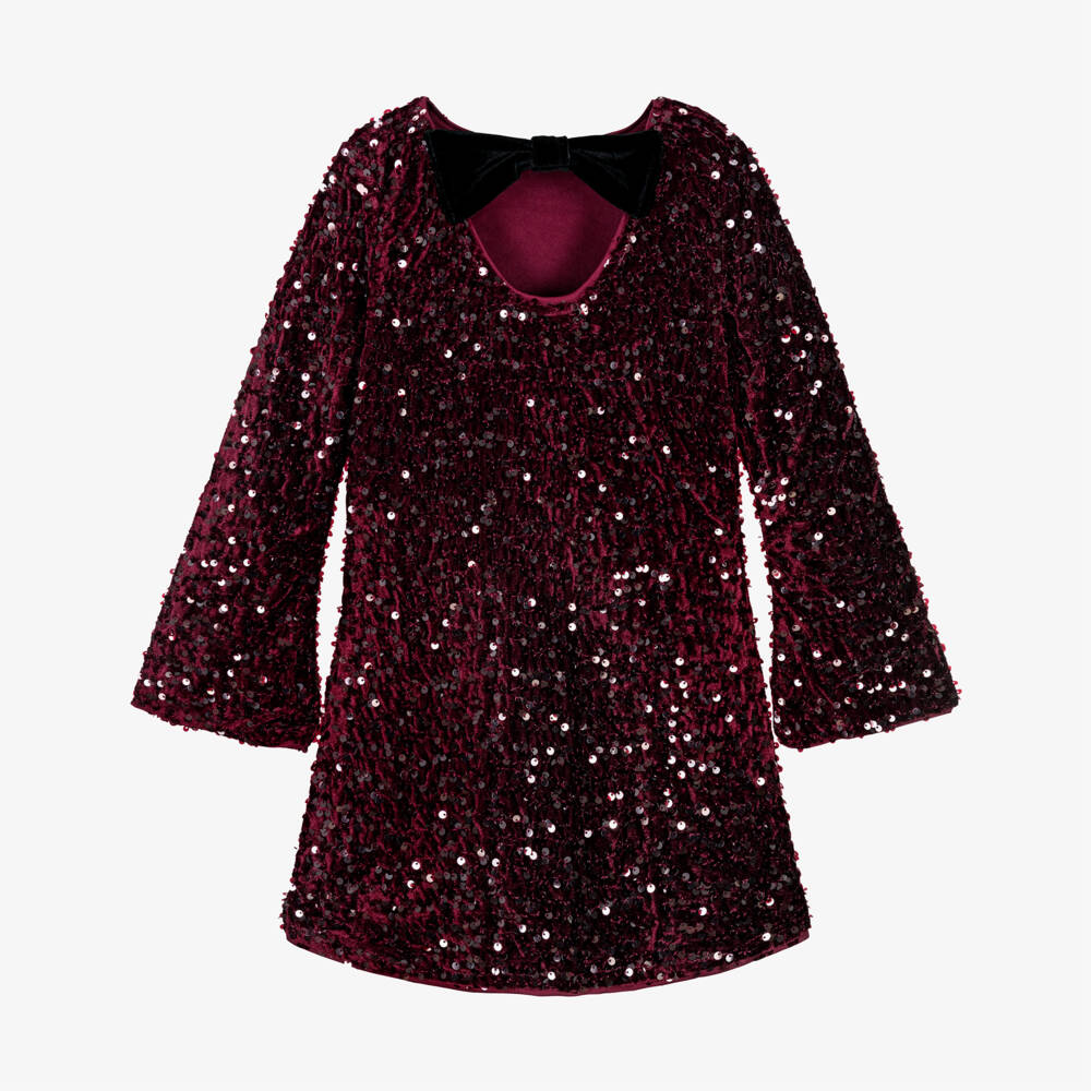 NAME IT-Girls Burgundy Red Sequinned Velour Dress with Black Bow | Childrensalon Outlet