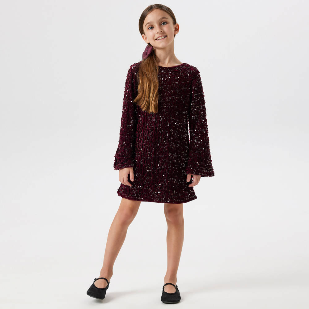 NAME IT-Girls Burgundy Red Sequinned Velour Dress with Black Bow | Childrensalon Outlet