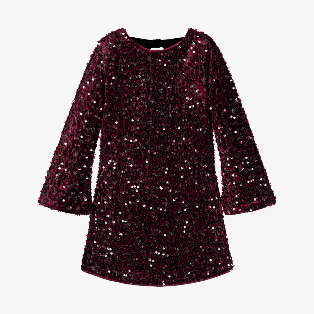 NAME IT-Girls Burgundy Red Sequinned Velour Dress with Black Bow | Childrensalon Outlet