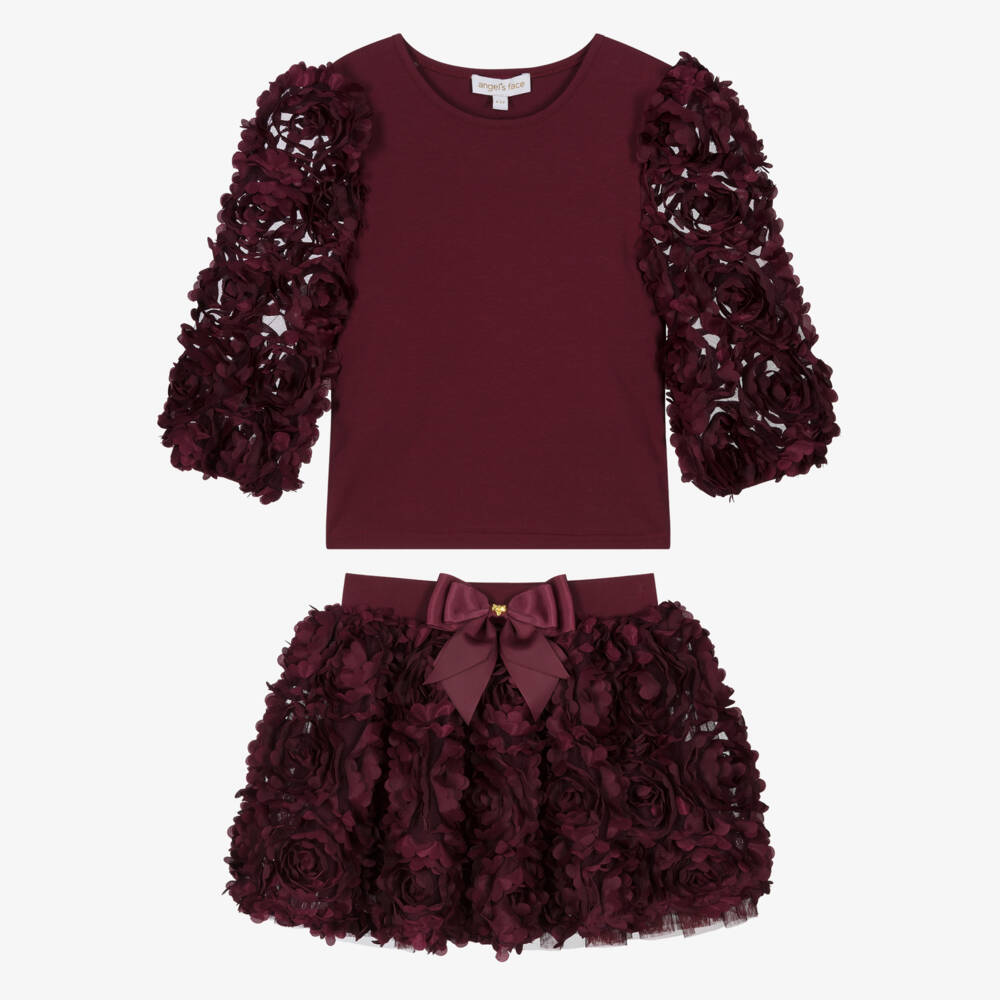 Angel's Face-Girls Burgundy Red Tulle Roses Skirt Set | Childrensalon Outlet