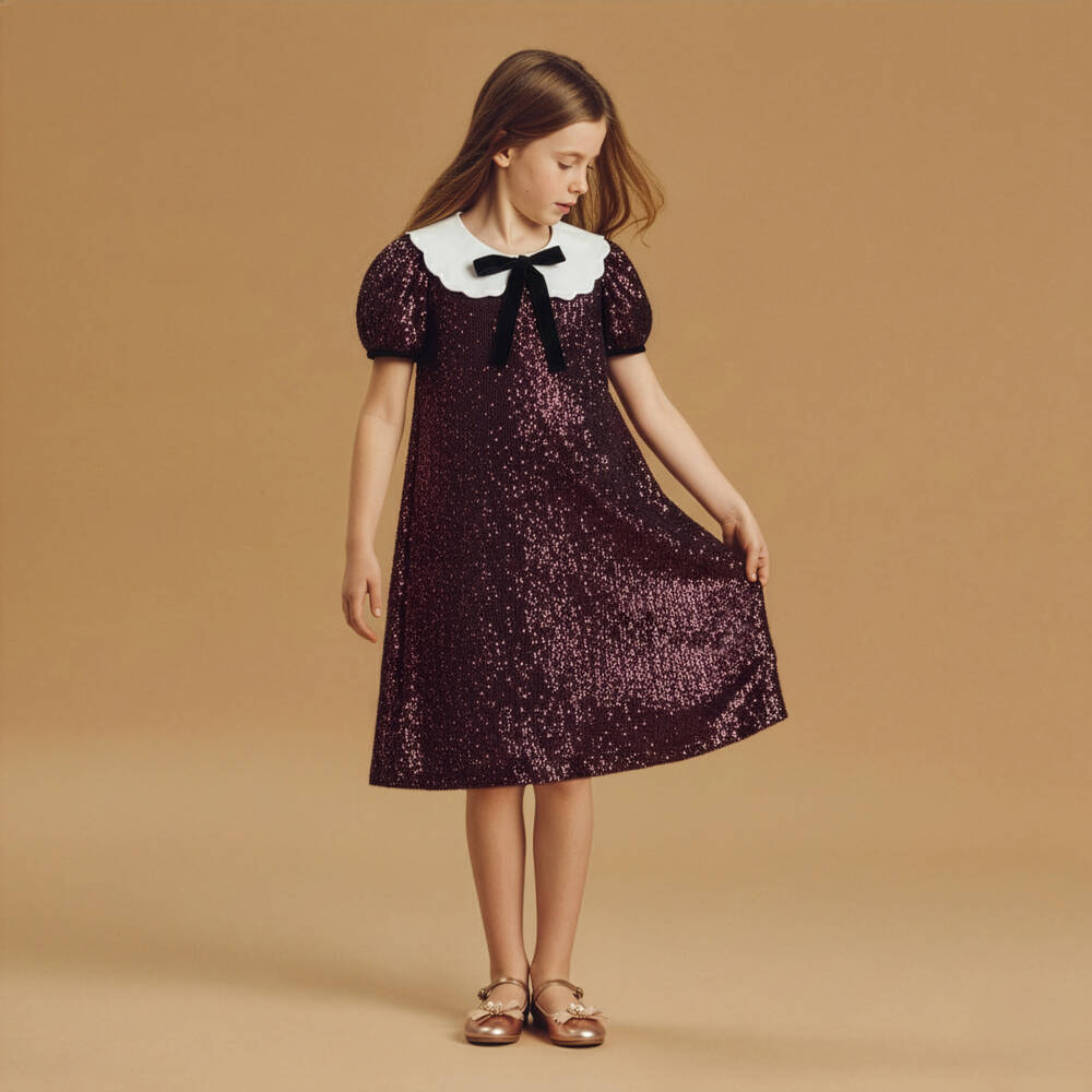 Phi Clothing-Girls Burgundy Sequin Dress with Black Velvet Bow | Childrensalon Outlet
