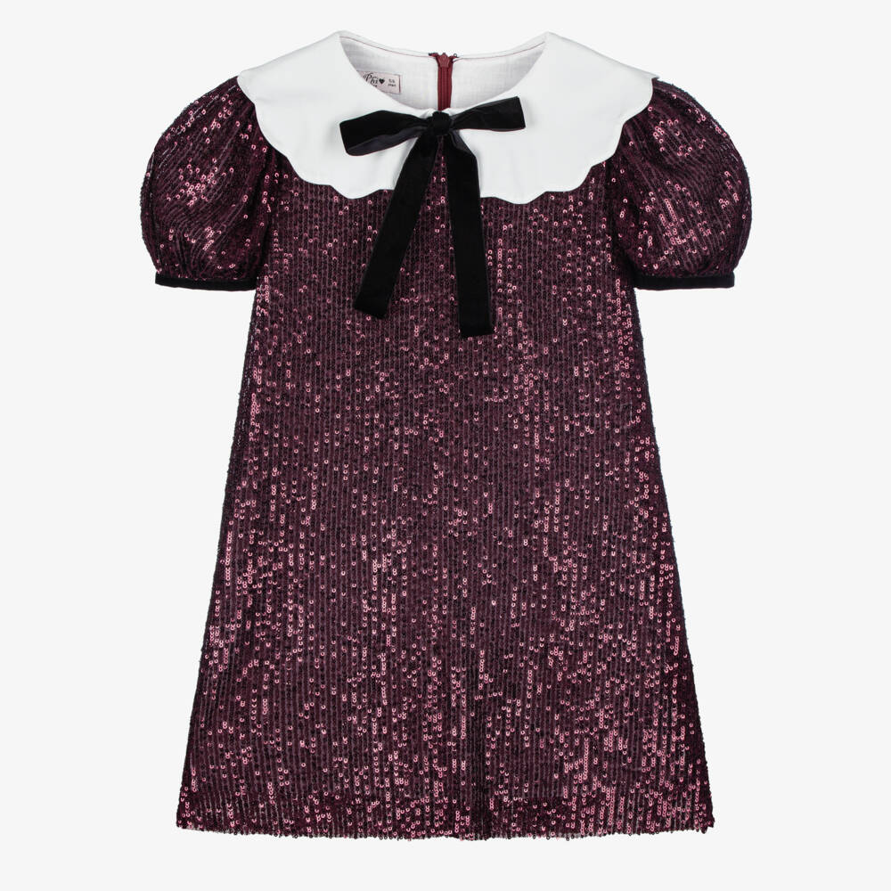 Phi Clothing-Girls Burgundy Sequin Dress with Black Velvet Bow | Childrensalon Outlet