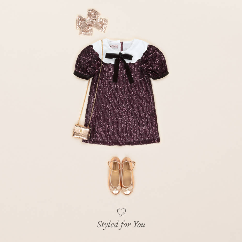 Phi Clothing-Girls Burgundy Sequin Dress with Black Velvet Bow | Childrensalon Outlet