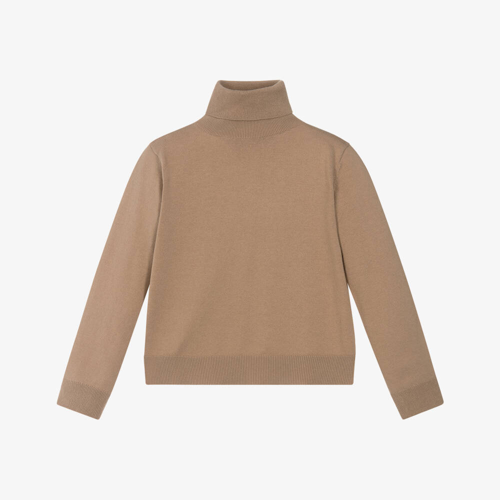 Mayoral-Girls Camel Brown Cotton Knit Roll Neck Top | Childrensalon Outlet