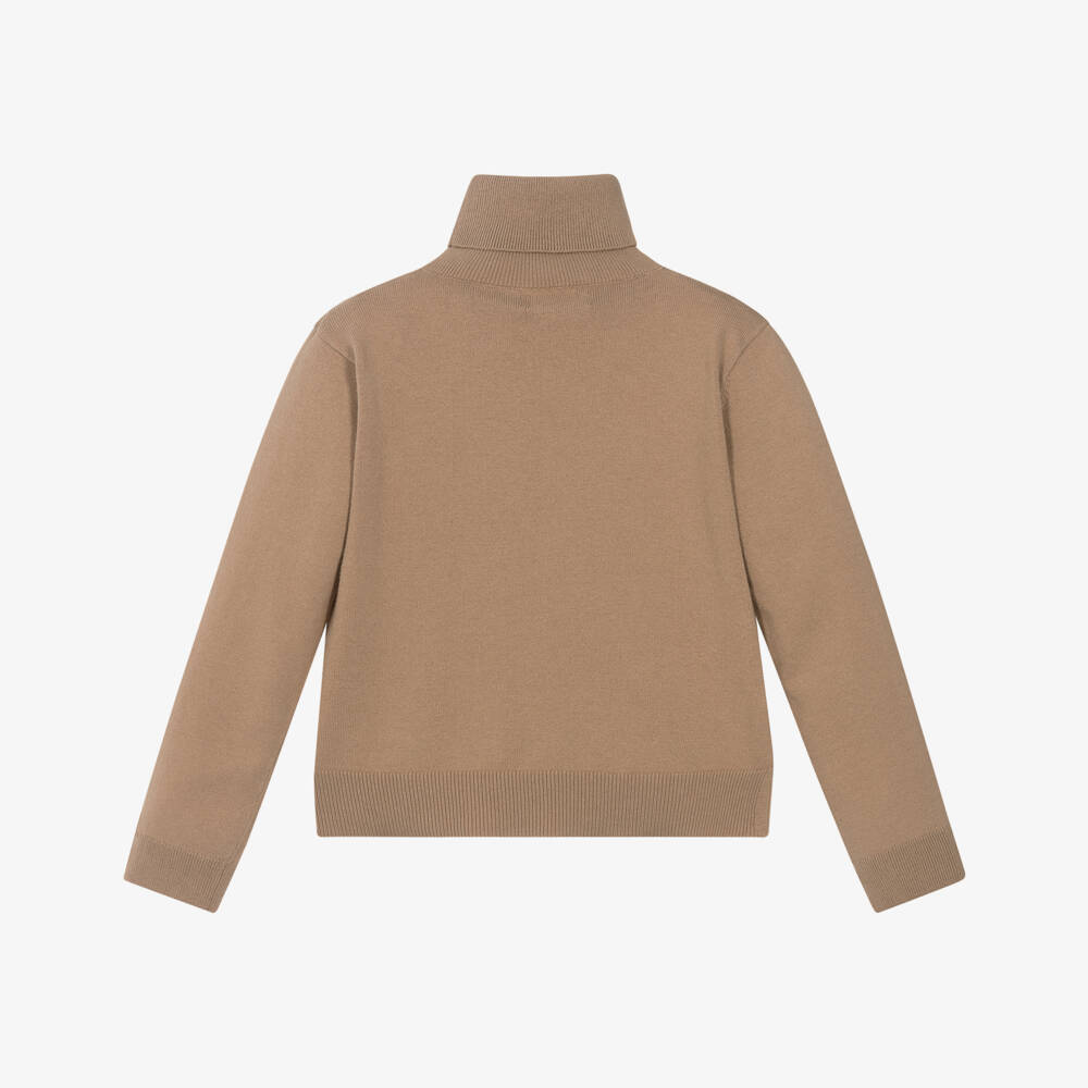 Mayoral-Girls Camel Brown Cotton Knit Roll Neck Top | Childrensalon Outlet