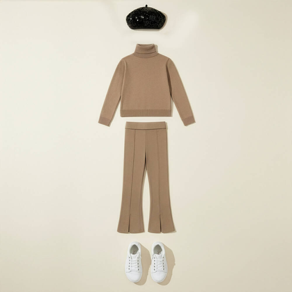 Mayoral-Girls Camel Brown Cotton Knit Roll Neck Top | Childrensalon Outlet
