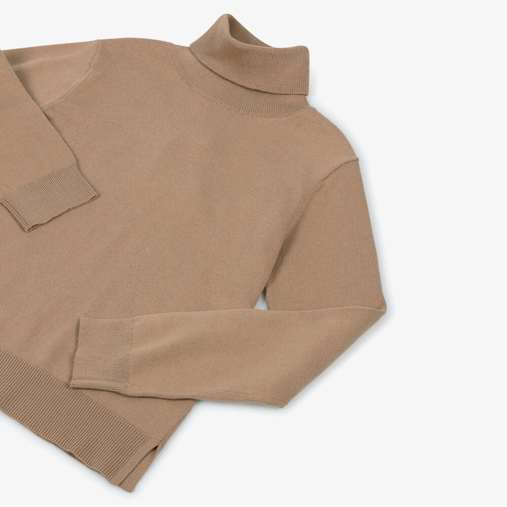 Mayoral-Girls Camel Brown Cotton Knit Roll Neck Top | Childrensalon Outlet