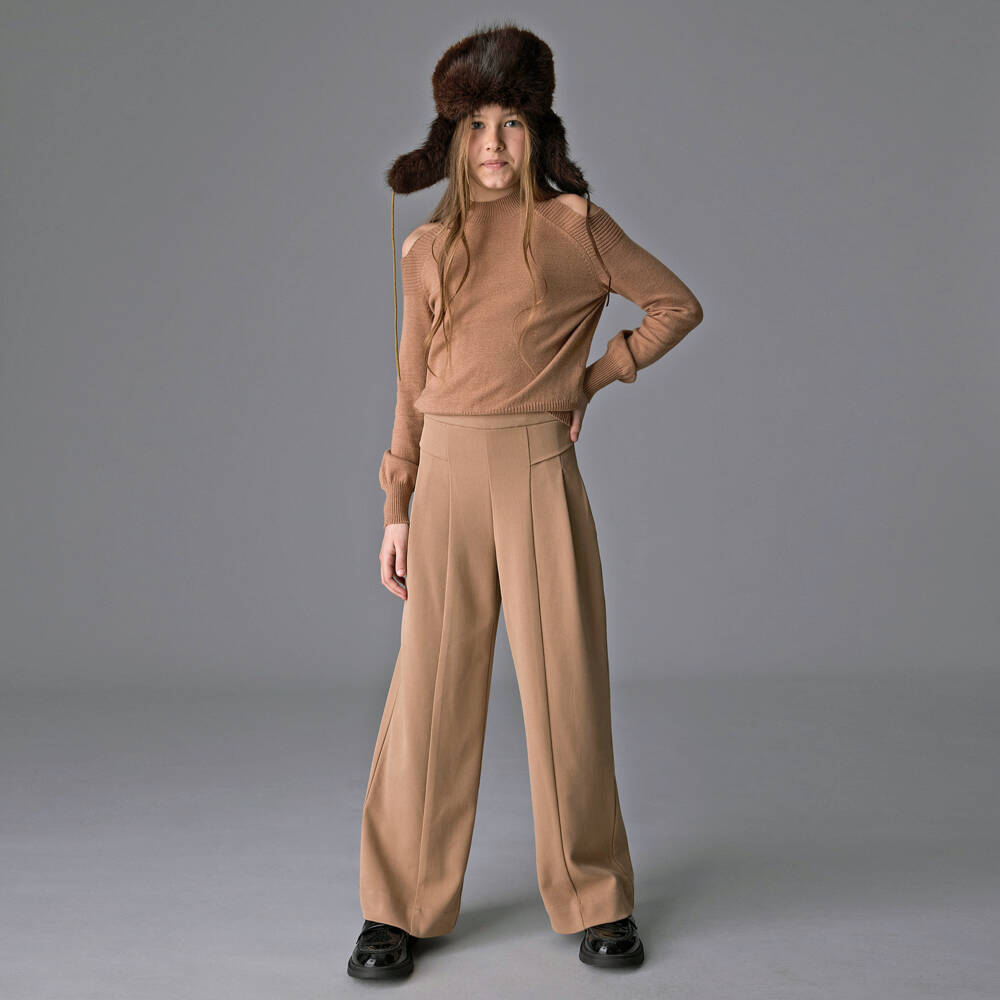 Mayoral-Girls Camel Brown High Waist Wide-Leg Trousers | Childrensalon Outlet