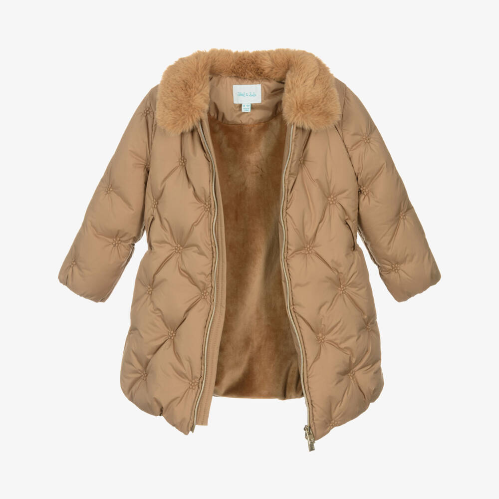 Abel & Lula-Girls Camel Brown Padded Coat with Faux Fur Collar | Childrensalon Outlet