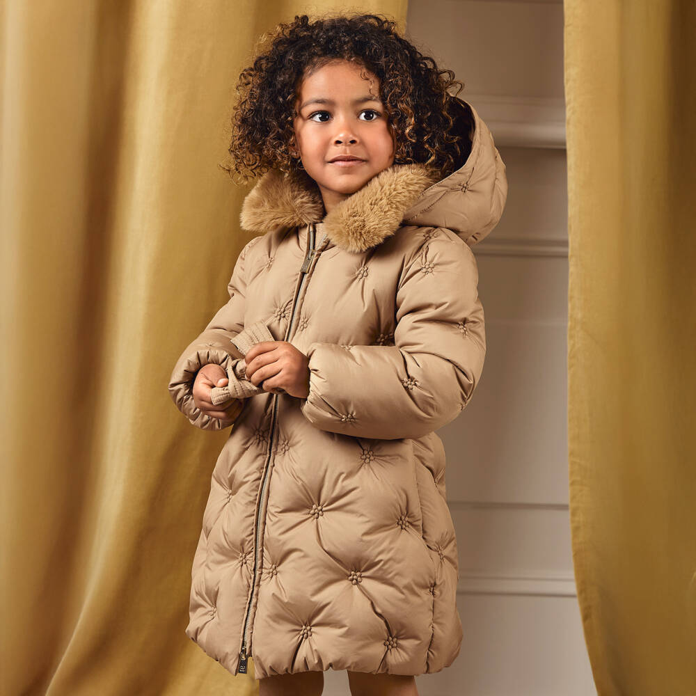 Abel & Lula-Girls Camel Brown Padded Coat with Faux Fur Collar | Childrensalon Outlet