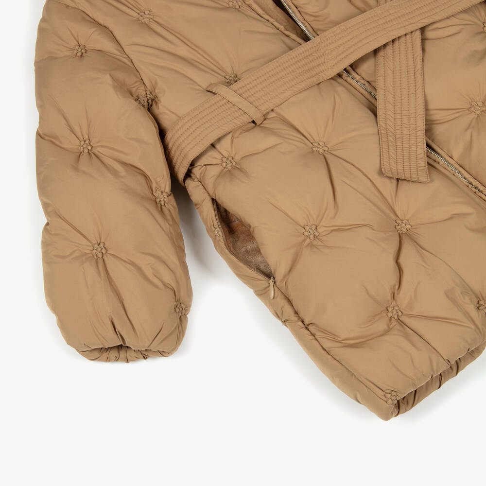 Abel & Lula-Girls Camel Brown Padded Coat with Faux Fur Collar | Childrensalon Outlet