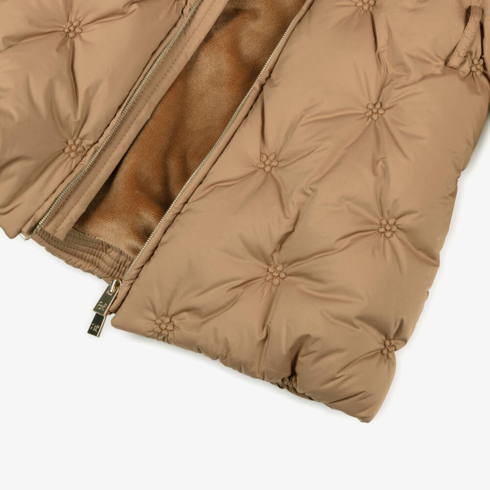 Abel & Lula-Girls Camel Brown Padded Coat with Faux Fur Collar | Childrensalon Outlet