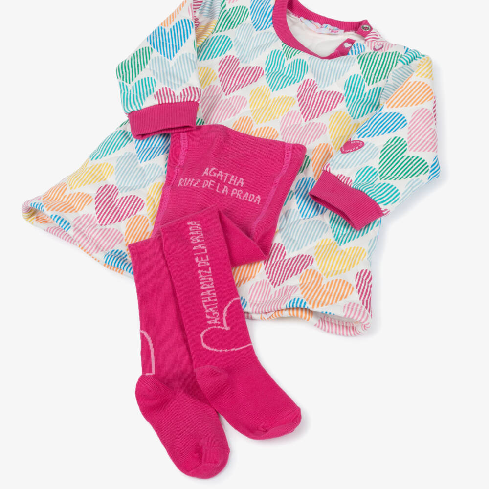 Agatha Ruiz de la Prada-Girls Colourful Heart Quilted Jersey Dress & Tights Set | Childrensalon Outlet