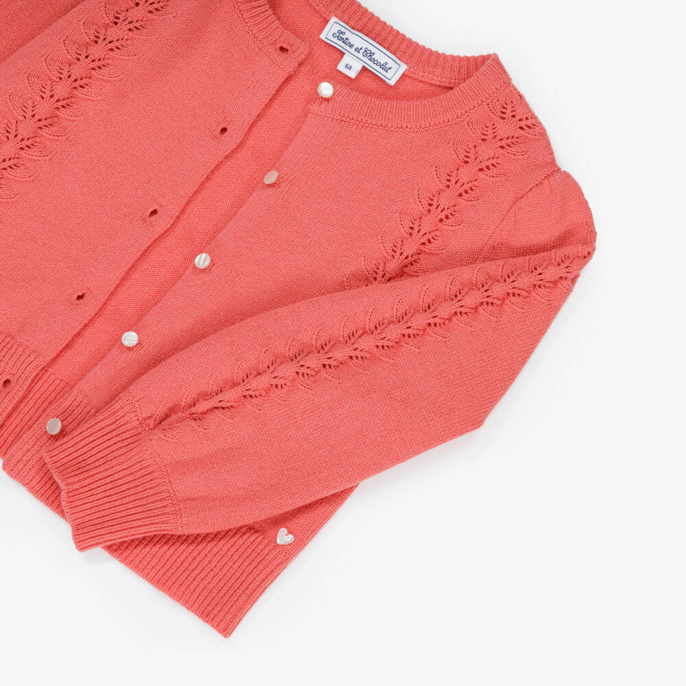 Tartine et Chocolat-Girls Coral Pink Wool & Cashmere Knit Cardigan | Childrensalon Outlet