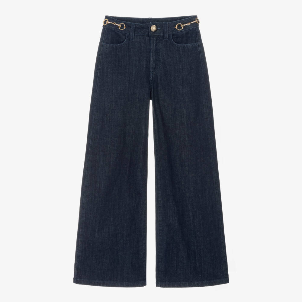 Fun & Fun-Girls Dark Blue Denim Wide Leg Jeans with Gold Horsebits | Childrensalon Outlet