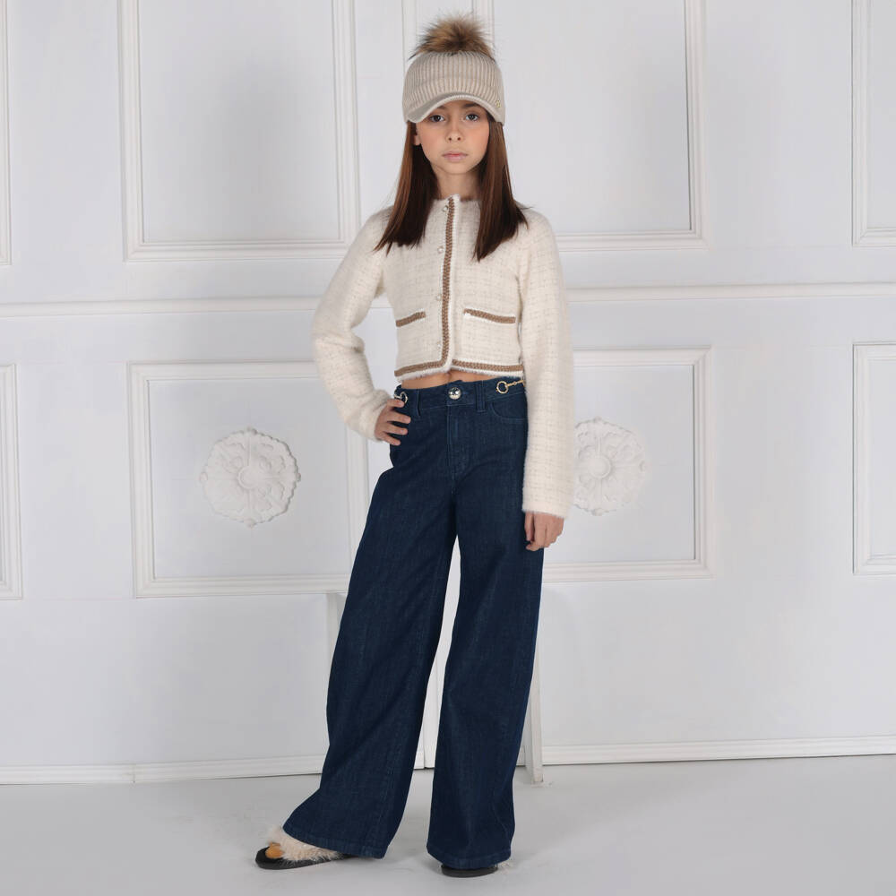 Fun & Fun-Girls Dark Blue Denim Wide Leg Jeans with Gold Horsebits | Childrensalon Outlet