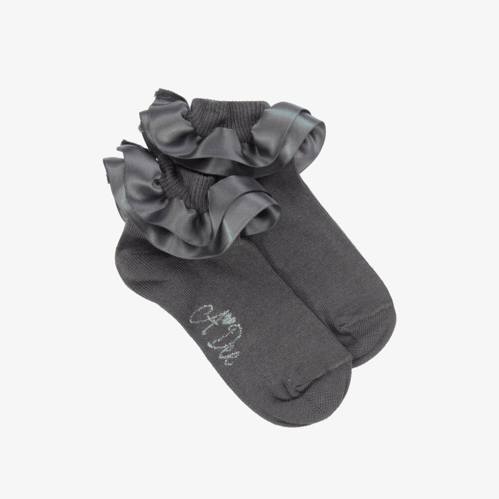 A Dee-Girls Dark Grey Cotton Ankle Socks with Satin Ruffle Cuffs | Childrensalon Outlet