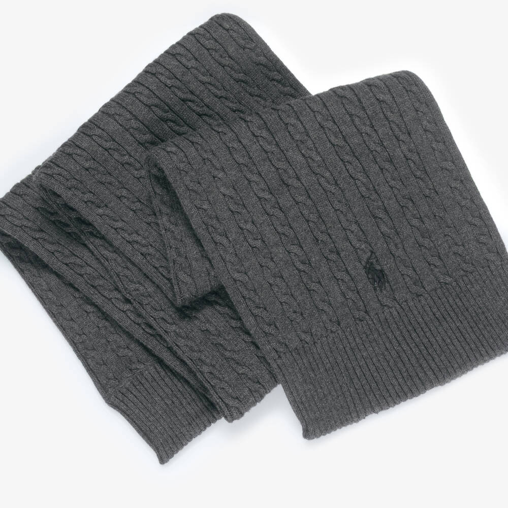 Ralph Lauren-Girls Dark Grey Cotton Cable Knit Scarf | Childrensalon Outlet