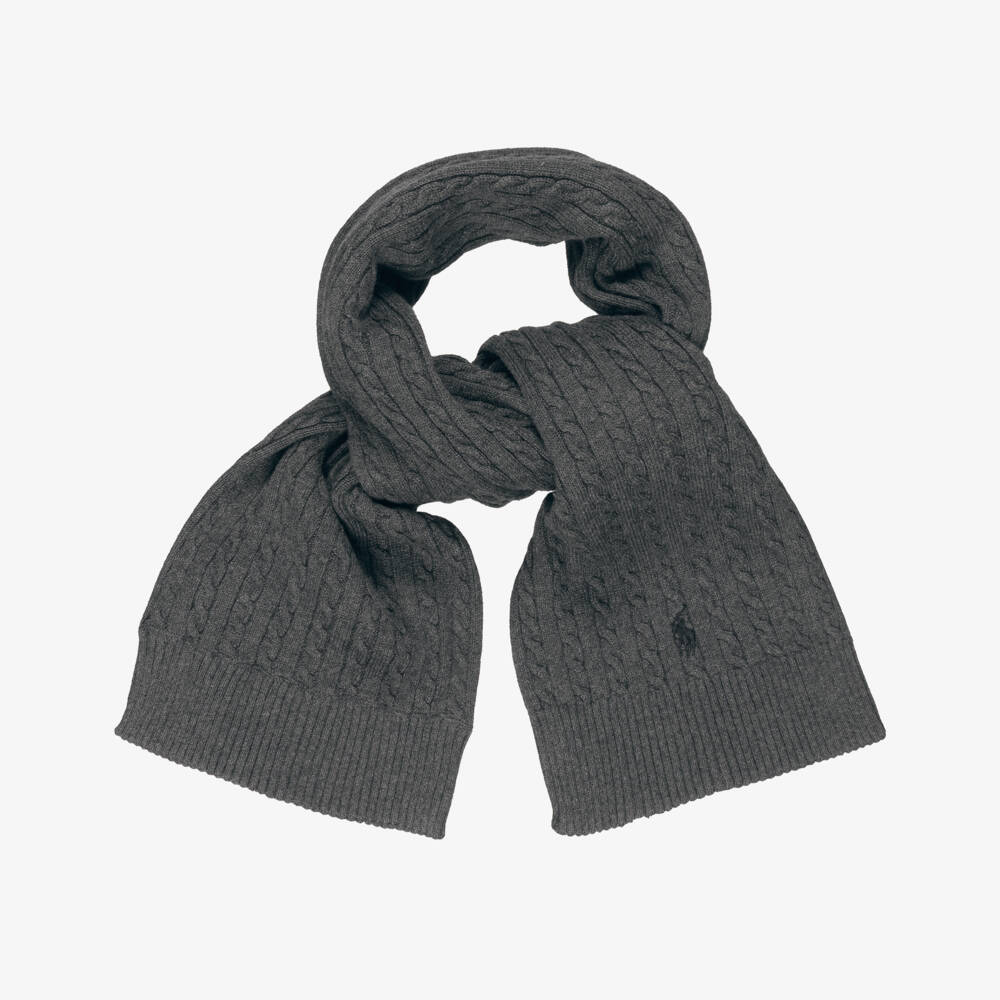Ralph Lauren-Girls Dark Grey Cotton Cable Knit Scarf | Childrensalon Outlet