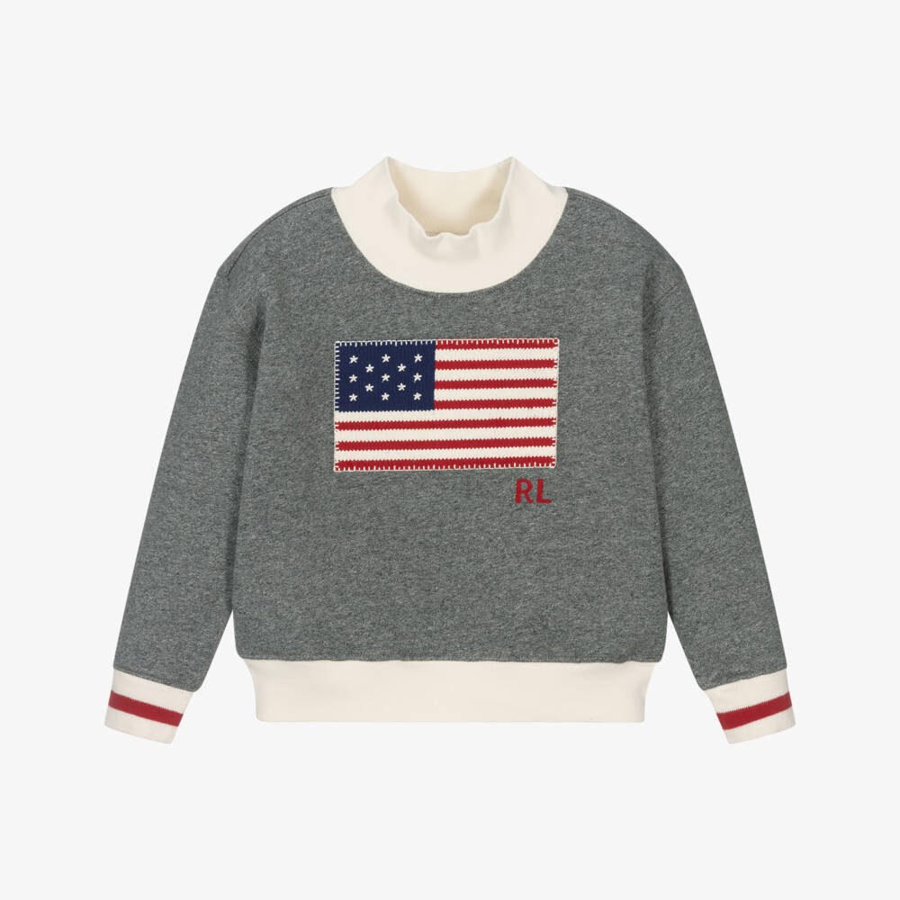 Ralph Lauren-Girls Dark Grey Cotton Jersey Flag Sweatshirt | Childrensalon Outlet