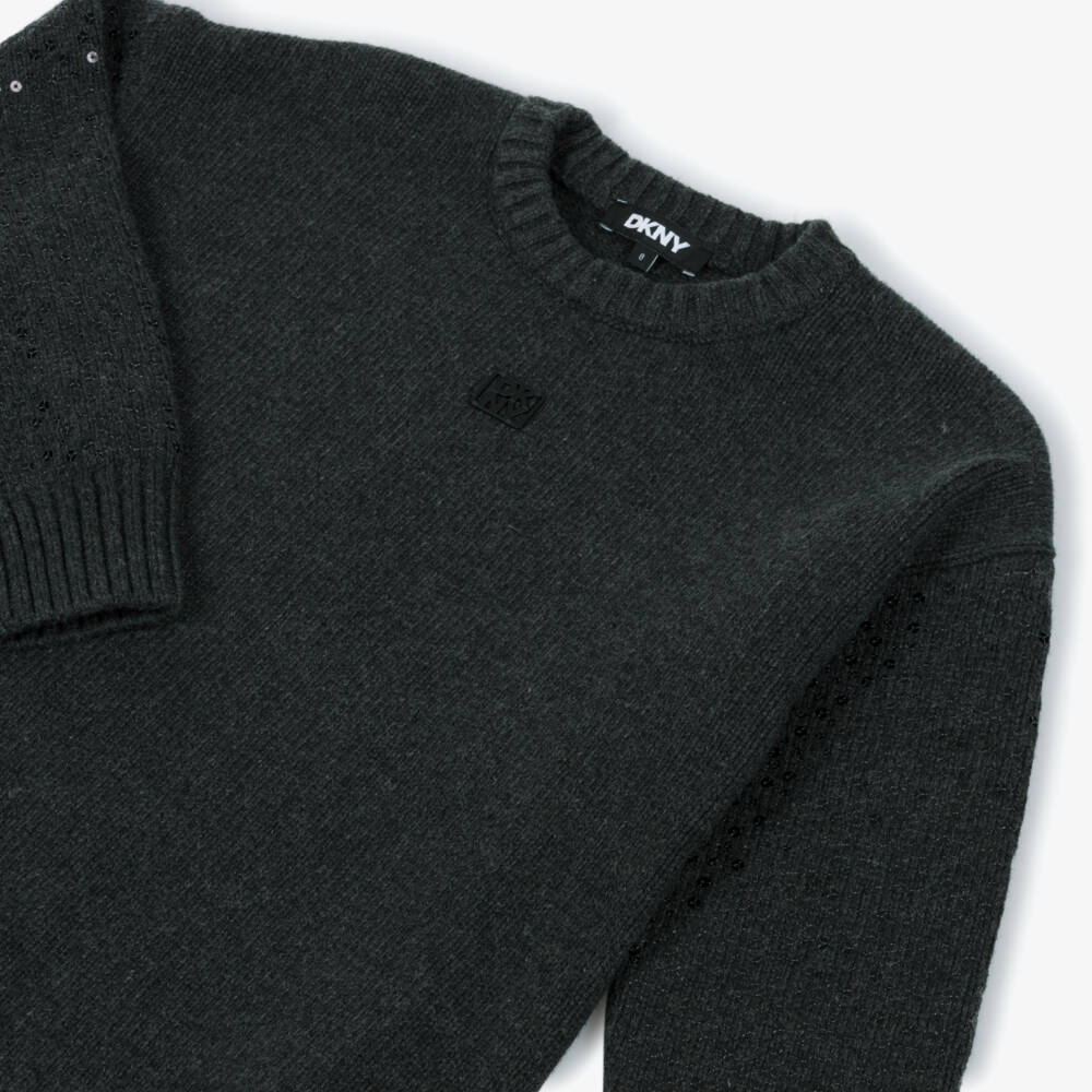 DKNY-Girls Dark Grey Knitted Dress with Sequin Embellishments | Childrensalon Outlet