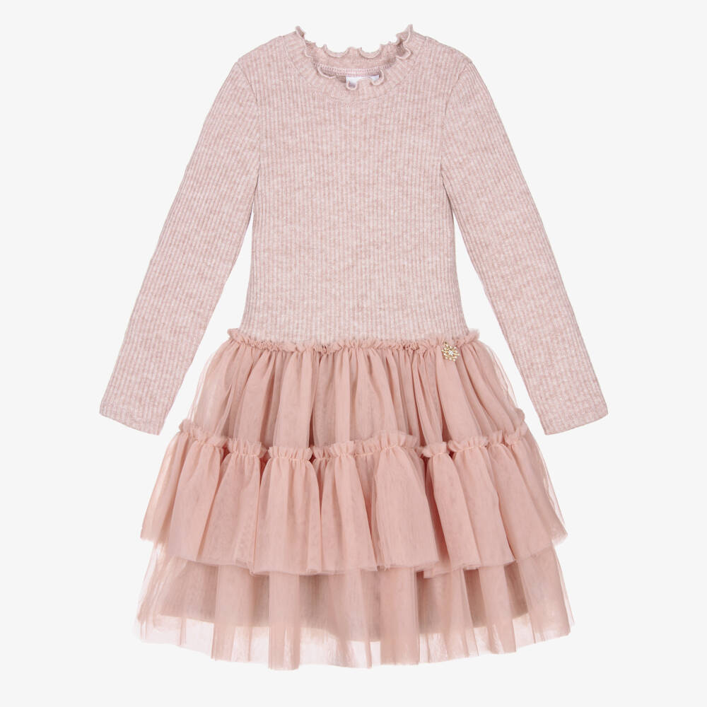 Jamiks-Розовое вязаное платье из тюля для девочек | Childrensalon Outlet
