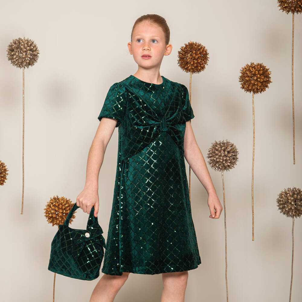 Patachou-Girls Emerald Green Sequinned Velvet Handbag (22cm) | Childrensalon Outlet