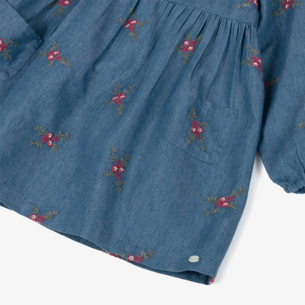 Tartine et Chocolat-Girls Floral Embroidered Blue Chambray Dress | Childrensalon Outlet