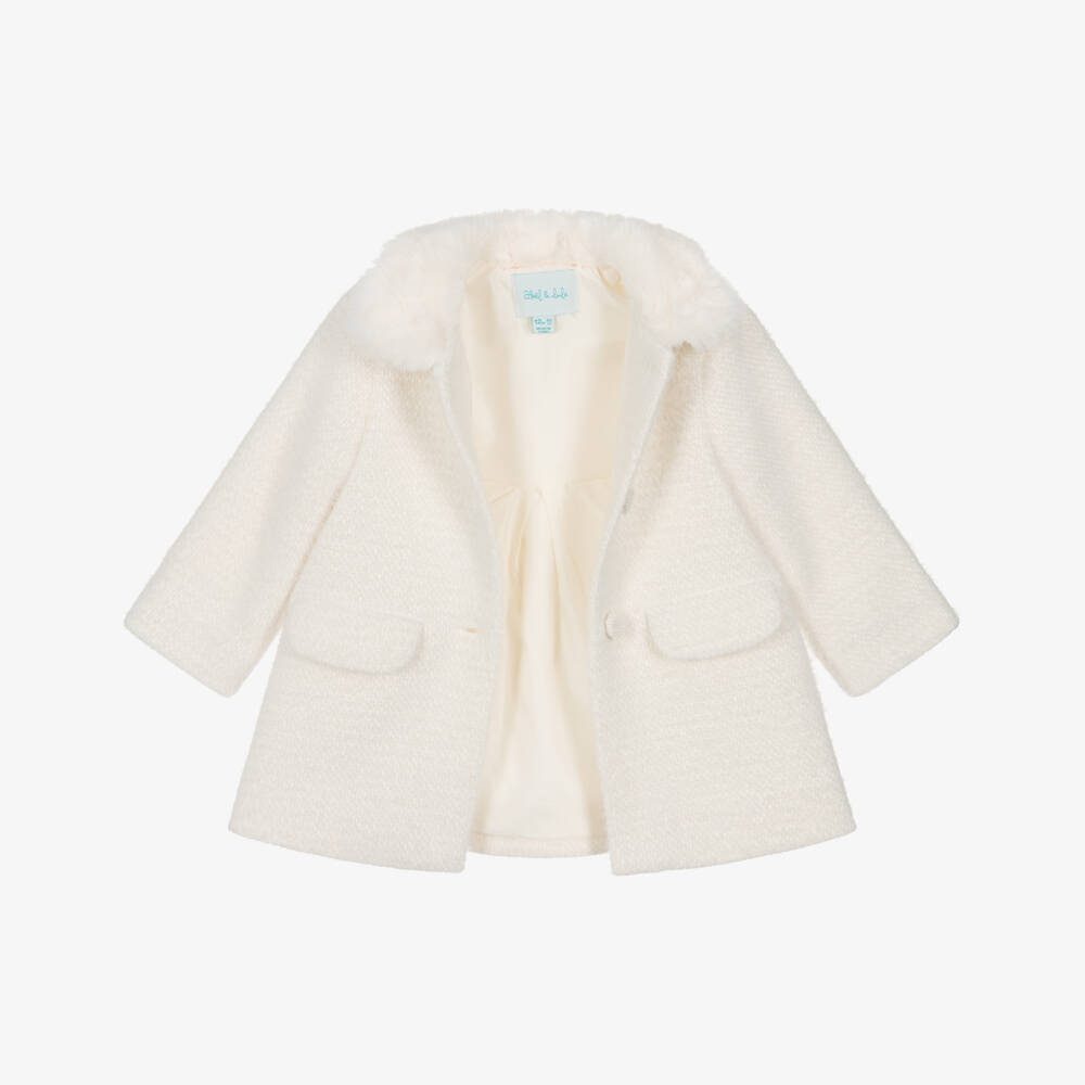 Abel & Lula-Girls Fluffy Ivory Tweed Coat | Childrensalon Outlet