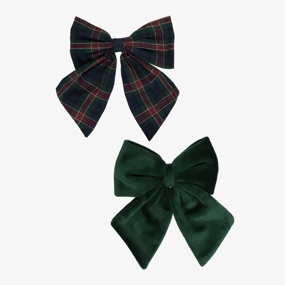 Mimi & Lula-Girls Forest Green Tartan & Velvet Bow Hair Clips (2 Pack) | Childrensalon Outlet