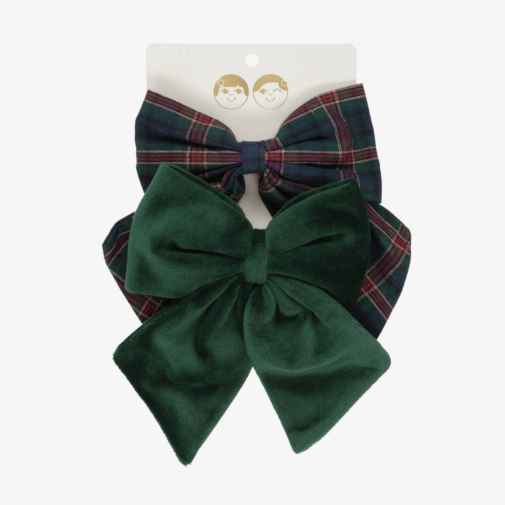 Mimi & Lula-Girls Forest Green Tartan & Velvet Bow Hair Clips (2 Pack) | Childrensalon Outlet