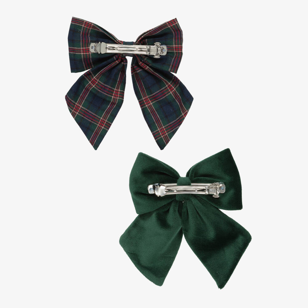 Mimi & Lula-Girls Forest Green Tartan & Velvet Bow Hair Clips (2 Pack) | Childrensalon Outlet