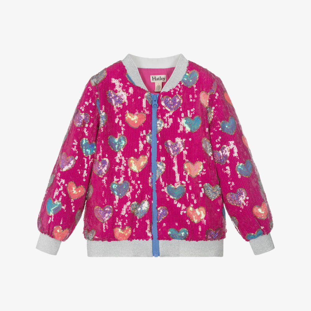 Hatley-Girls Fuchsia Pink Sequinned Hearts Bomber Jacket | Childrensalon Outlet