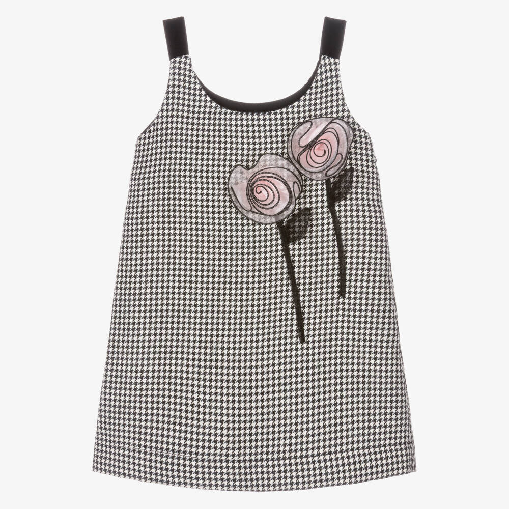 Monnalisa Chic-Girls Glittery Black Dogstooth Dress with Rose AppliquÃ©s | Childrensalon Outlet