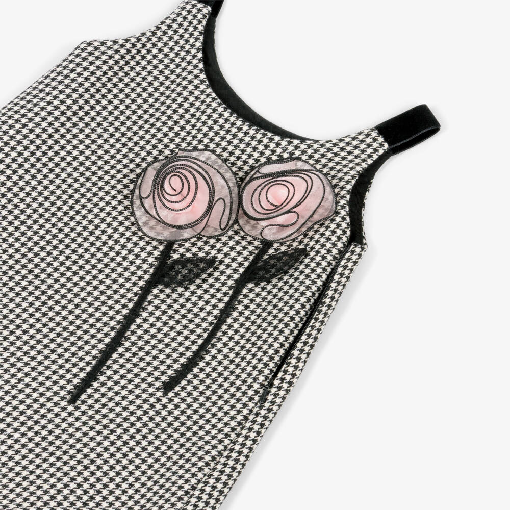 Monnalisa Chic-Girls Glittery Black Dogstooth Dress with Rose Appliqués | Childrensalon Outlet
