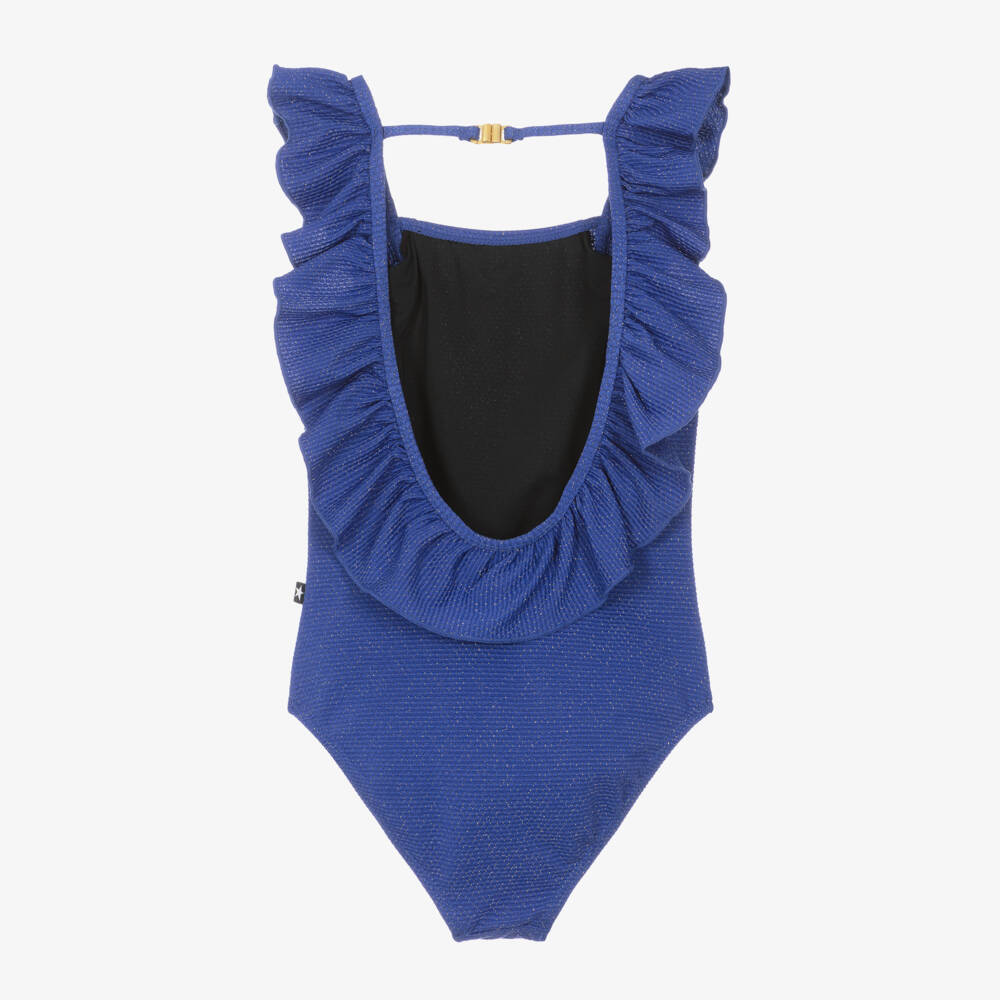 Molo-Girls Glittery Blue Ruffle Swimsuit (UPF50+) | Childrensalon Outlet