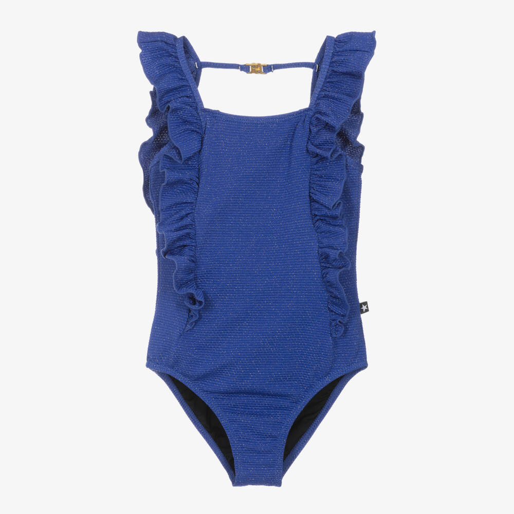 Molo-Girls Glittery Blue Ruffle Swimsuit (UPF50+) | Childrensalon Outlet