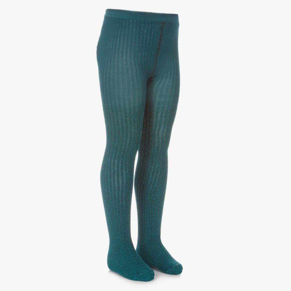 Molo-Girls Glittery Green Ribbed Tights | Childrensalon Outlet