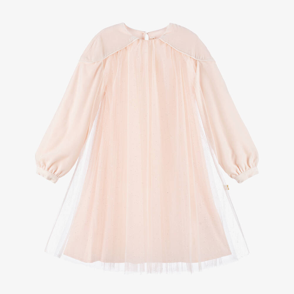 Billieblush-Girls Glittery Peach Pink Tulle & Velour Dress | Childrensalon Outlet
