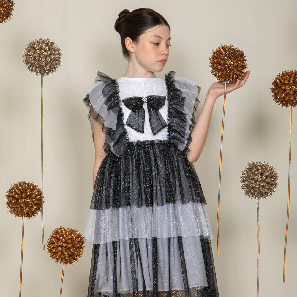 Patachou-Girls Glittery White & Black Frilly Dress with Bow | Childrensalon Outlet